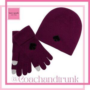 KATE SPADE 2PC SET Plum Tech Finger Gloves & Beanie With Black Flocked Spade NWT